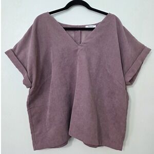 Madewell Colette Drapey Corduroy Top Sz 1X Purple Boxy Short Sleeve V Neck Twee